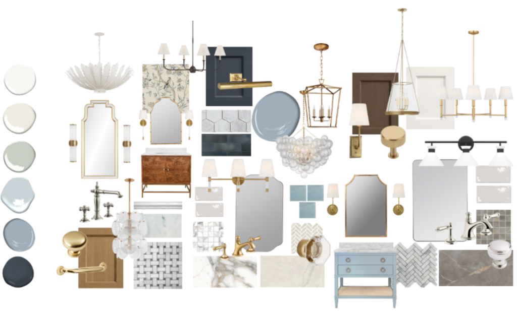 Interior design moodboard for a spec home in Arlington’s Rock Spring neighborhood, featuring classic finishes, lighting, cabinetry, and materials for an updated traditional aesthetic